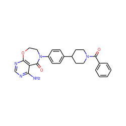 Nc1ncnc2c1C(=O)N(c1ccc(C3CCN(C(=O)c4ccccc4)CC3)cc1)CCO2 ZINC000096282573