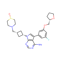 Nc1ncnc2c1c(-c1cc(F)cc(OC[C@@H]3CCCO3)c1)cn2[C@H]1C[C@@H](CN2CC[S+]([O-])CC2)C1 ZINC000653740779