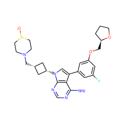 Nc1ncnc2c1c(-c1cc(F)cc(OC[C@H]3CCCO3)c1)cn2[C@H]1C[C@@H](CN2CC[S+]([O-])CC2)C1 ZINC000653740778