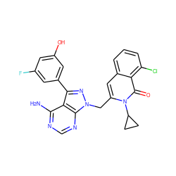 Nc1ncnc2c1c(-c1cc(O)cc(F)c1)nn2Cc1cc2cccc(Cl)c2c(=O)n1C1CC1 ZINC000088345903