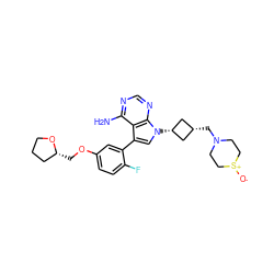 Nc1ncnc2c1c(-c1cc(OC[C@@H]3CCCO3)ccc1F)cn2[C@H]1C[C@@H](CN2CC[S+]([O-])CC2)C1 ZINC000653737723