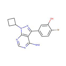 Nc1ncnc2c1c(-c1ccc(Br)c(O)c1)nn2C1CCC1 ZINC000008581907