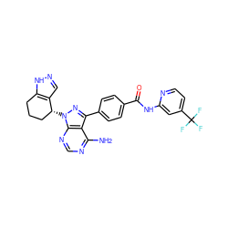 Nc1ncnc2c1c(-c1ccc(C(=O)Nc3cc(C(F)(F)F)ccn3)cc1)nn2[C@@H]1CCCc2[nH]ncc21 ZINC000217077480