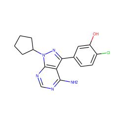 Nc1ncnc2c1c(-c1ccc(Cl)c(O)c1)nn2C1CCCC1 ZINC000008581934