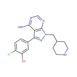 Nc1ncnc2c1c(-c1ccc(Cl)c(O)c1)nn2CC1CCNCC1 ZINC000008581945