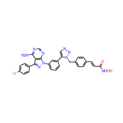 Nc1ncnc2c1c(-c1ccc(Cl)cc1)nn2-c1cccc(-c2cnnn2Cc2ccc(/C=C/C(=O)NO)cc2)c1 ZINC000096916924