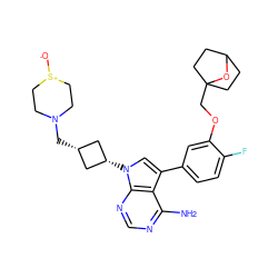 Nc1ncnc2c1c(-c1ccc(F)c(OCC34CCC(CC3)O4)c1)cn2[C@H]1C[C@@H](CN2CC[S+]([O-])CC2)C1 ZINC000653724576