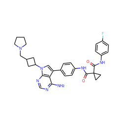 Nc1ncnc2c1c(-c1ccc(NC(=O)C3(C(=O)Nc4ccc(F)cc4)CC3)cc1)cn2C1CC(CN2CCCC2)C1 ZINC000203008437