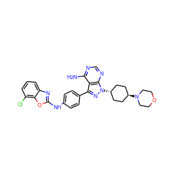 Nc1ncnc2c1c(-c1ccc(Nc3nc4cccc(Cl)c4o3)cc1)nn2[C@H]1CC[C@H](N2CCOCC2)CC1 ZINC000253951171