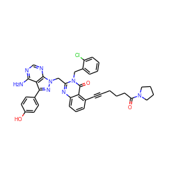 Nc1ncnc2c1c(-c1ccc(O)cc1)nn2Cc1nc2cccc(C#CCCCC(=O)N3CCCC3)c2c(=O)n1Cc1ccccc1Cl ZINC000068267357