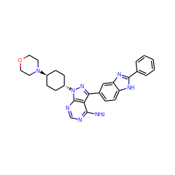 Nc1ncnc2c1c(-c1ccc3[nH]c(-c4ccccc4)nc3c1)nn2[C@H]1CC[C@H](N2CCOCC2)CC1 ZINC000253666362