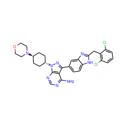 Nc1ncnc2c1c(-c1ccc3[nH]c(Cc4c(Cl)cccc4Cl)nc3c1)nn2[C@H]1CC[C@H](N2CCOCC2)CC1 ZINC000253665700