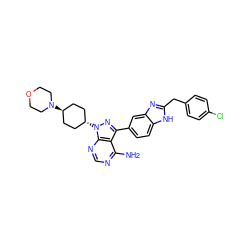 Nc1ncnc2c1c(-c1ccc3[nH]c(Cc4ccc(Cl)cc4)nc3c1)nn2[C@H]1CC[C@H](N2CCOCC2)CC1 ZINC000253664449