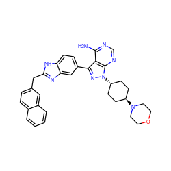 Nc1ncnc2c1c(-c1ccc3[nH]c(Cc4ccc5ccccc5c4)nc3c1)nn2[C@H]1CC[C@H](N2CCOCC2)CC1 ZINC000253666892