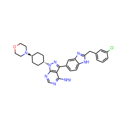 Nc1ncnc2c1c(-c1ccc3[nH]c(Cc4cccc(Cl)c4)nc3c1)nn2[C@H]1CC[C@H](N2CCOCC2)CC1 ZINC000253666389