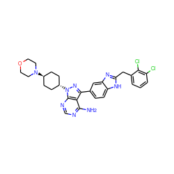 Nc1ncnc2c1c(-c1ccc3[nH]c(Cc4cccc(Cl)c4Cl)nc3c1)nn2[C@H]1CC[C@H](N2CCOCC2)CC1 ZINC000253668232