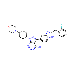 Nc1ncnc2c1c(-c1ccc3[nH]c(Cc4ccccc4F)nc3c1)nn2[C@H]1CC[C@H](N2CCOCC2)CC1 ZINC000253667716