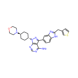 Nc1ncnc2c1c(-c1ccc3[nH]c(Cc4ccsc4)nc3c1)nn2[C@H]1CC[C@H](N2CCOCC2)CC1 ZINC000253666382