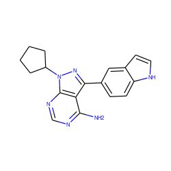 Nc1ncnc2c1c(-c1ccc3[nH]ccc3c1)nn2C1CCCC1 ZINC000064447492