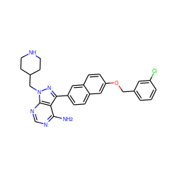 Nc1ncnc2c1c(-c1ccc3cc(OCc4cccc(Cl)c4)ccc3c1)nn2CC1CCNCC1 ZINC000084688657