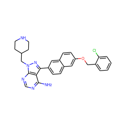 Nc1ncnc2c1c(-c1ccc3cc(OCc4ccccc4Cl)ccc3c1)nn2CC1CCNCC1 ZINC000084687326