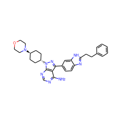 Nc1ncnc2c1c(-c1ccc3nc(CCc4ccccc4)[nH]c3c1)nn2[C@H]1CC[C@H](N2CCOCC2)CC1 ZINC000261107336