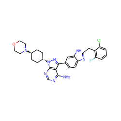 Nc1ncnc2c1c(-c1ccc3nc(Cc4c(F)cccc4Cl)[nH]c3c1)nn2[C@H]1CC[C@H](N2CCOCC2)CC1 ZINC000261141627