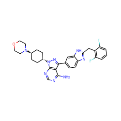 Nc1ncnc2c1c(-c1ccc3nc(Cc4c(F)cccc4F)[nH]c3c1)nn2[C@H]1CC[C@H](N2CCOCC2)CC1 ZINC000261183535