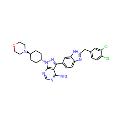 Nc1ncnc2c1c(-c1ccc3nc(Cc4ccc(Cl)c(Cl)c4)[nH]c3c1)nn2[C@H]1CC[C@H](N2CCOCC2)CC1 ZINC000261130697