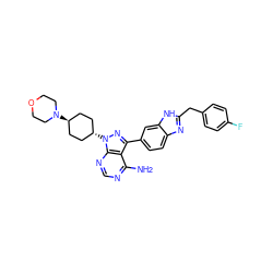 Nc1ncnc2c1c(-c1ccc3nc(Cc4ccc(F)cc4)[nH]c3c1)nn2[C@H]1CC[C@H](N2CCOCC2)CC1 ZINC000261083669