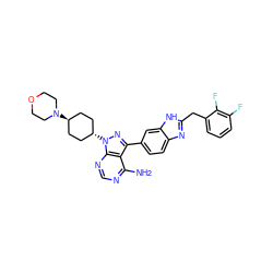 Nc1ncnc2c1c(-c1ccc3nc(Cc4cccc(F)c4F)[nH]c3c1)nn2[C@H]1CC[C@H](N2CCOCC2)CC1 ZINC000261097537