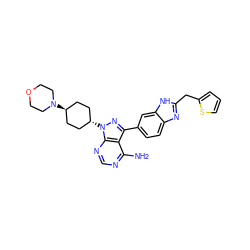 Nc1ncnc2c1c(-c1ccc3nc(Cc4cccs4)[nH]c3c1)nn2[C@H]1CC[C@H](N2CCOCC2)CC1 ZINC000253666815