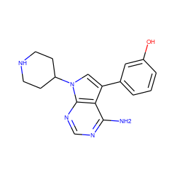 Nc1ncnc2c1c(-c1cccc(O)c1)cn2C1CCNCC1 ZINC000040379369