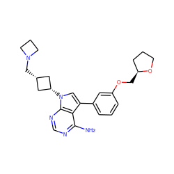 Nc1ncnc2c1c(-c1cccc(OC[C@H]3CCCO3)c1)cn2[C@H]1C[C@@H](CN2CCC2)C1 ZINC000653727845