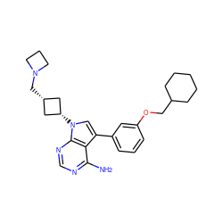 Nc1ncnc2c1c(-c1cccc(OCC3CCCCC3)c1)cn2[C@H]1C[C@@H](CN2CCC2)C1 ZINC000653743763