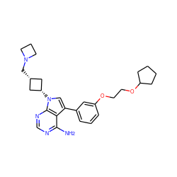 Nc1ncnc2c1c(-c1cccc(OCCOC3CCCC3)c1)cn2[C@H]1C[C@@H](CN2CCC2)C1 ZINC000653723551