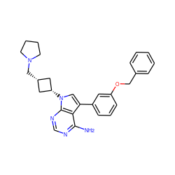 Nc1ncnc2c1c(-c1cccc(OCc3ccccc3)c1)cn2[C@H]1C[C@@H](CN2CCCC2)C1 ZINC000103588519