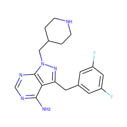 Nc1ncnc2c1c(Cc1cc(F)cc(F)c1)nn2CC1CCNCC1 ZINC001772605723