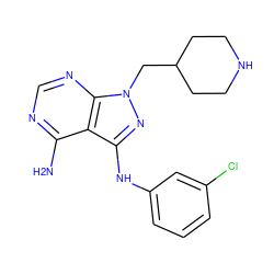 Nc1ncnc2c1c(Nc1cccc(Cl)c1)nn2CC1CCNCC1 ZINC001772572001