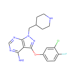 Nc1ncnc2c1c(Oc1ccc(F)c(Cl)c1)nn2CC1CCNCC1 ZINC001772575142