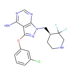 Nc1ncnc2c1c(Oc1cccc(Cl)c1)nn2C[C@@H]1CCNCC1(F)F ZINC001772626934