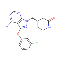 Nc1ncnc2c1c(Oc1cccc(Cl)c1)nn2C[C@H]1CCNC(=O)C1 ZINC001772581945