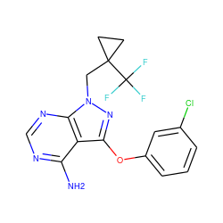 Nc1ncnc2c1c(Oc1cccc(Cl)c1)nn2CC1(C(F)(F)F)CC1 ZINC001772633973