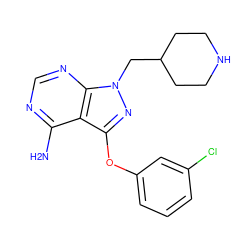 Nc1ncnc2c1c(Oc1cccc(Cl)c1)nn2CC1CCNCC1 ZINC001772640913