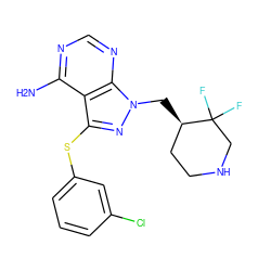 Nc1ncnc2c1c(Sc1cccc(Cl)c1)nn2C[C@@H]1CCNCC1(F)F ZINC001772573843