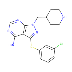 Nc1ncnc2c1c(Sc1cccc(Cl)c1)nn2CC1CCNCC1 ZINC001772576594