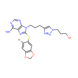 Nc1ncnc2c1nc(Sc1cc3c(cc1Br)OCO3)n2CCCc1cn(CCCO)nn1 ZINC000058541736