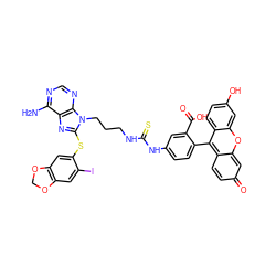 Nc1ncnc2c1nc(Sc1cc3c(cc1I)OCO3)n2CCCNC(=S)Nc1ccc(-c2c3ccc(=O)cc-3oc3cc(O)ccc23)c(C(=O)O)c1 ZINC000150544565