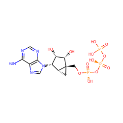 Nc1ncnc2c1ncn2[C@@H]1[C@H](O)[C@H](O)[C@]2(CO[P@](=O)(O)O[P@](=O)(O)OP(=O)(O)O)C[C@H]12 ZINC000253710516