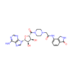 Nc1ncnc2c1ncn2[C@@H]1O[C@H](C(=O)N2CCN(CC(=O)Nc3cccc4c3CNC4=O)CC2)[C@@H](O)[C@H]1O ZINC000017654909